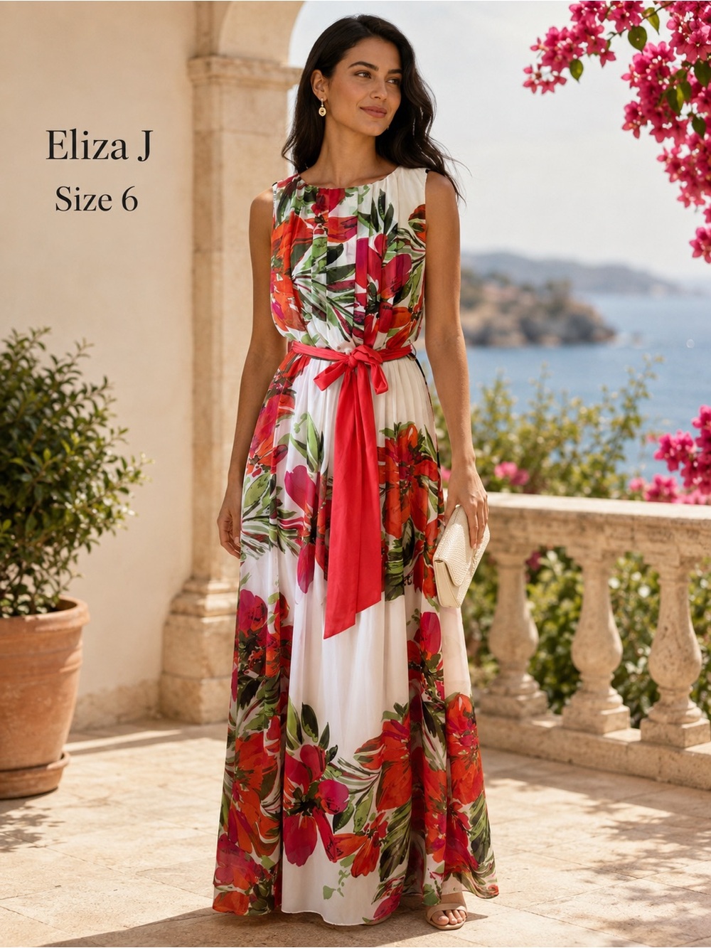 Eliza J Size 6 Watercolor Floral Maxi Dress Pleated Belted NWT